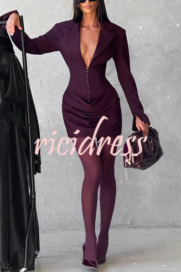 Solid Color Slim-fit V-neck Elegant Draped Formal Mini Dress