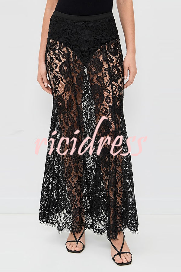 Make An Entrance Floral Stretch Lace Mid Rise Flare Maxi Skirt