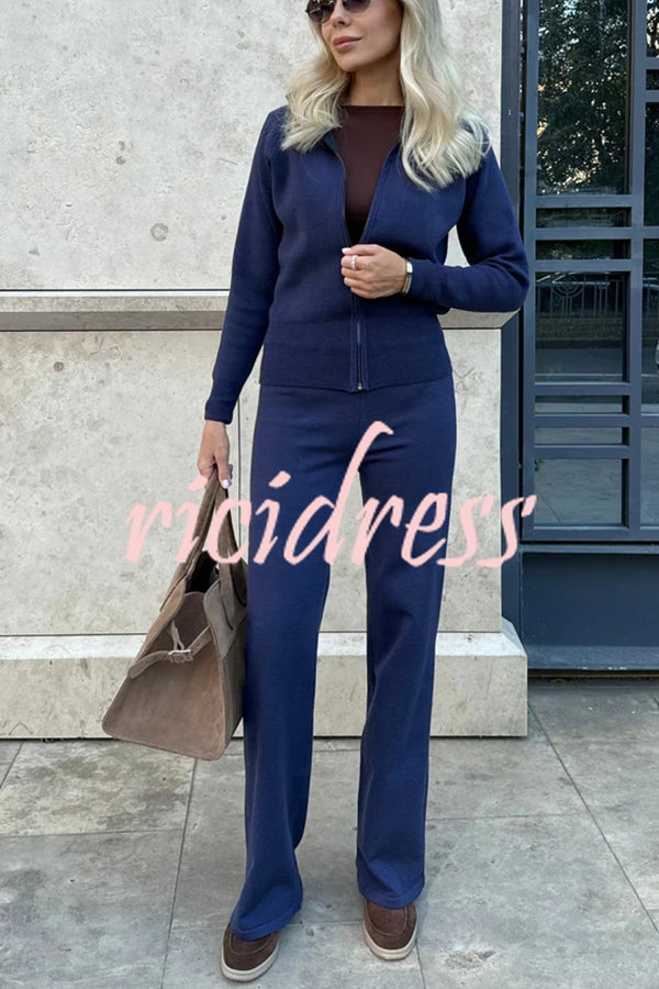 Cozycore Knit Zipper Long Sleeve Cardigan and Stretch Wide Leg Pants Set