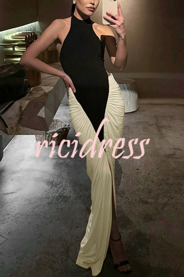 Fashionable Contrast Color Open Back Side Pleated Draped Maxi Dress