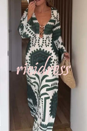 Holiday Fashion Unique Print Front Center Hollow Ring Long Sleeve Maxi Dress