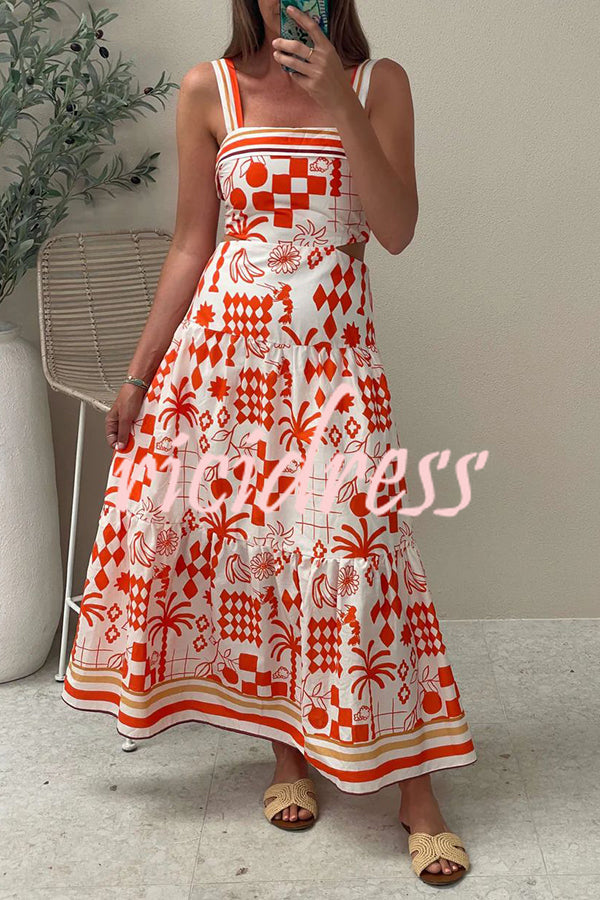 Unique Print Waist Cutout Back Gathered Suspender Maxi Dress