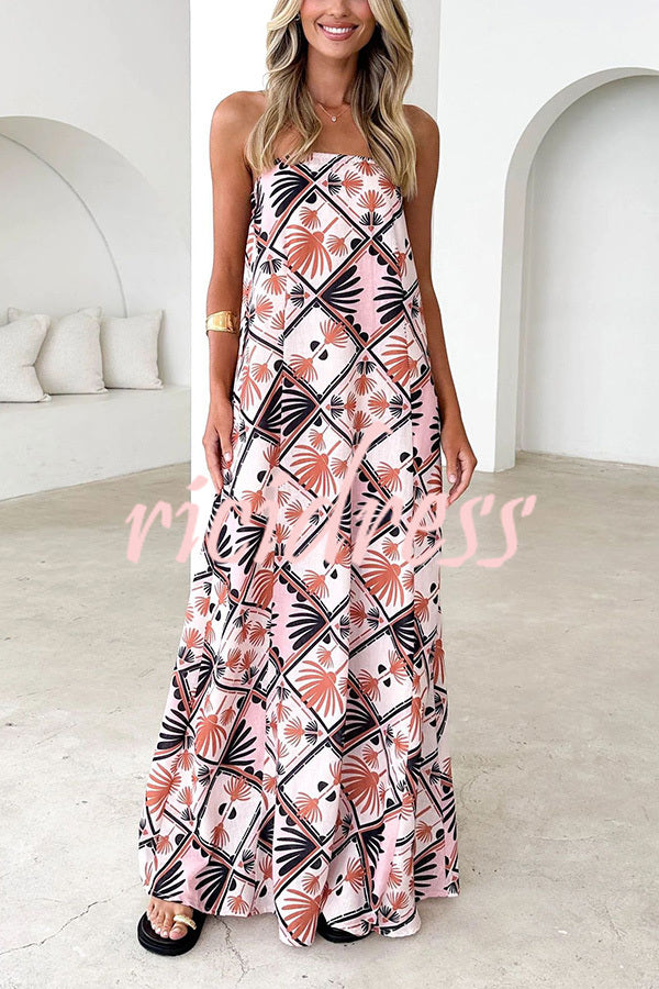 Unique Printed Sexy Strapless Backless Holiday Casual Maxi Dress