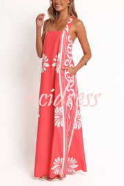Unique Print Square Neck Open Back Tie Bow Holiday Maxi Dress