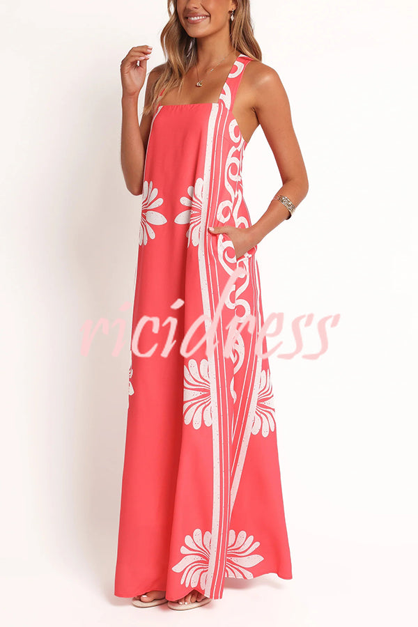 Unique Print Square Neck Open Back Tie Bow Holiday Maxi Dress