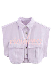 Stylish Weekend Denim Button Up Cape Sleeve Pocket Crop Top