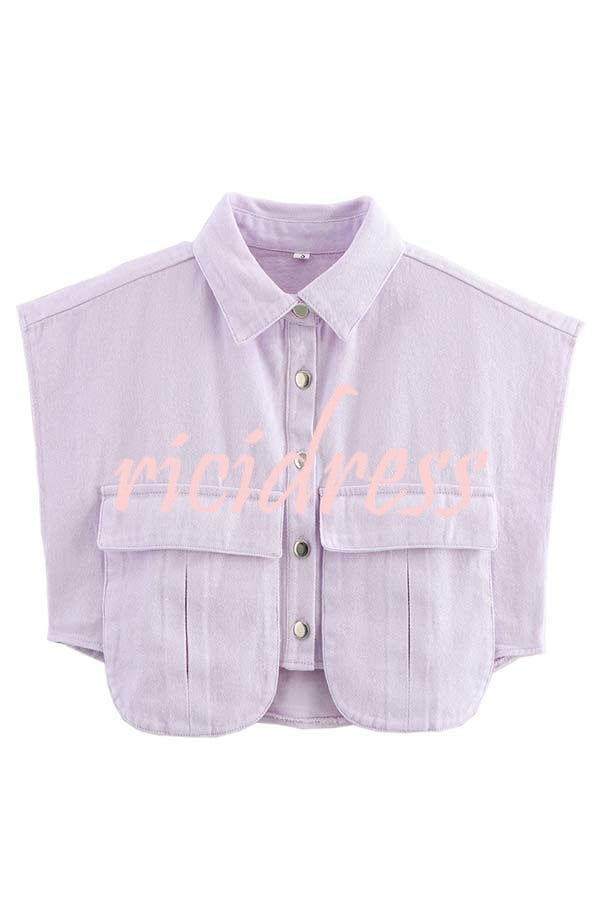 Stylish Weekend Denim Button Up Cape Sleeve Pocket Crop Top