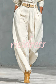 Fashionable Round Neck Long-sleeved Casual Top and High Waist Pocket Loose Wide-leg Pants Set