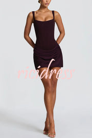 Cornelia Square Neck Back Lace-up Satin Drape Hem Mini Dress