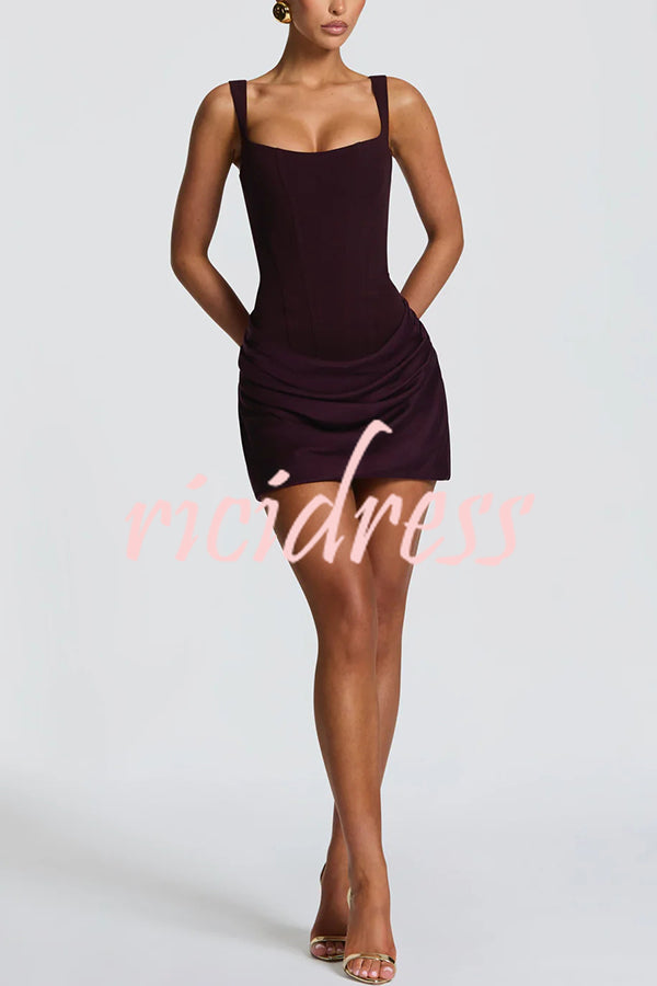 Cornelia Square Neck Back Lace-up Satin Drape Hem Mini Dress