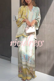 Elonie Satin Floral Print V-neck Half Sleeve Top and Elastic Waist Wide Leg Pants Set