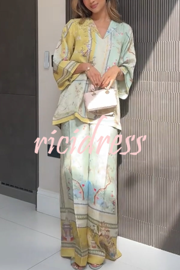 Elonie Satin Floral Print V-neck Half Sleeve Top and Elastic Waist Wide Leg Pants Set