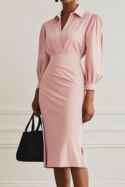 Fashion Lapel Long Sleeve Slim Waist Midi Dress