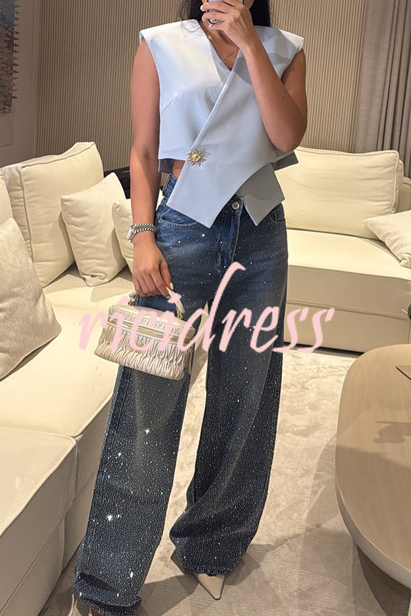 Fashion Star Rhinestone High Rise Casual Pocket Straight Loose Jeans