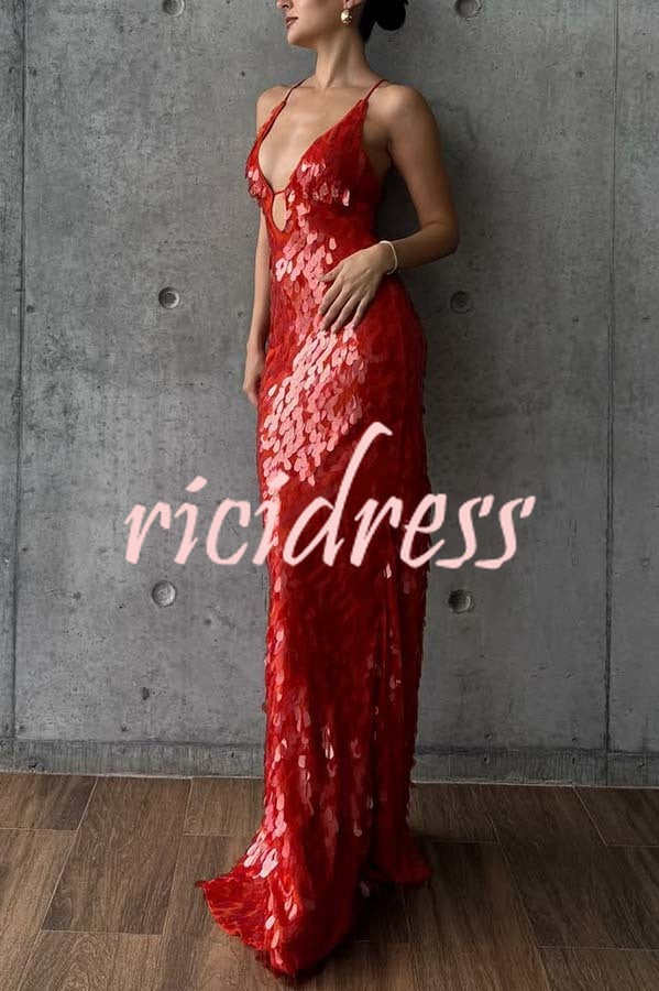 Reshape Beauty Fish Scale Sequin Cutout U-neck Slip Maxi Dress