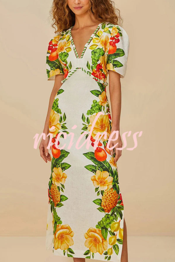 Picnic Flowers Linen Blend Floral Print Puff Sleeve Braided Rope Trim Maxi Dress