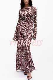 Gia Unique Print Boat Neck Long Bell Sleeve Bias Cut Maxi Dress