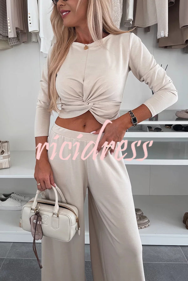 Solid Color Round Neck Long Sleeve Twist Crop Top and Elastic Waist Pocket Wide Leg Pants Set