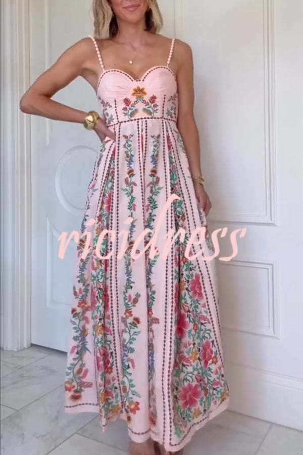 Delicate Forest Unique Print Sweetheart Neck Beaded Straps Maxi Dress