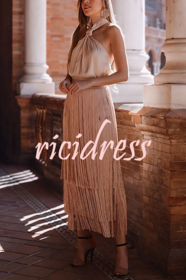 Elegant Tassel Hem Elastic Waist Casual Maxi Skirt