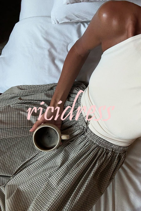 Fashion Plaid Print Elastic Waist Pocket Loose Wide-leg Pants