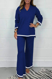 Solid Color V-neck Long-sleeved Loose Top and Elastic Waist Wide-leg Pants Set