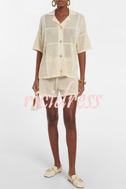 Casual Knitted Hollow Shirt Top and Elastic Waist Tie Loose Shorts Set