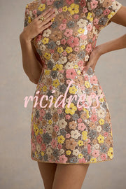 80's Inspired Floral Print Sequin Short Sleeve Stretch Mini Dress