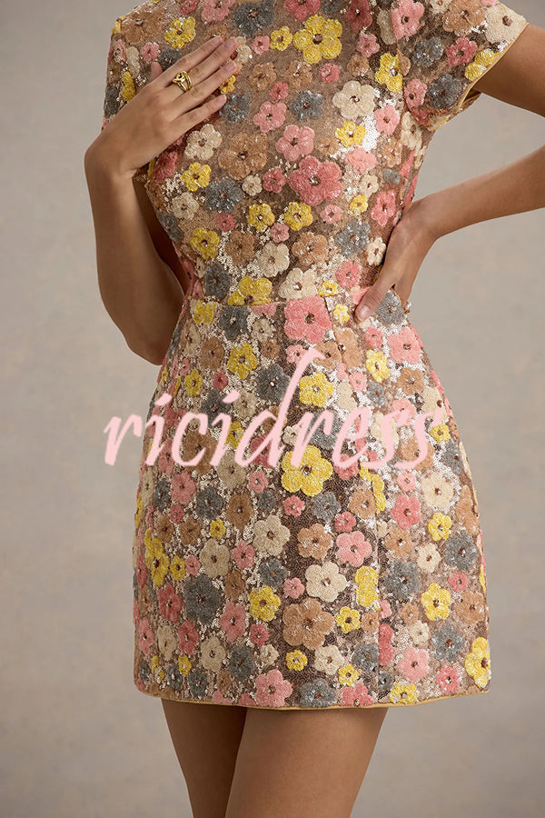 80's Inspired Floral Print Sequin Short Sleeve Stretch Mini Dress