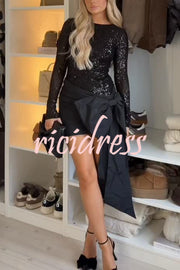 Forever New Sequin Long Sleeve Oversized Bow Drape Mini Dress
