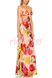 Hawaiian Dreams Satin Floral Print Cutout Backless Maxi Dress