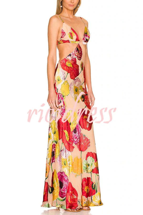 Hawaiian Dreams Satin Floral Print Cutout Backless Maxi Dress