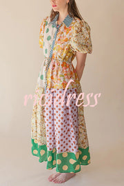 Linen Blend Unique Print Lapel Puff Sleeve Casual Midi Dress