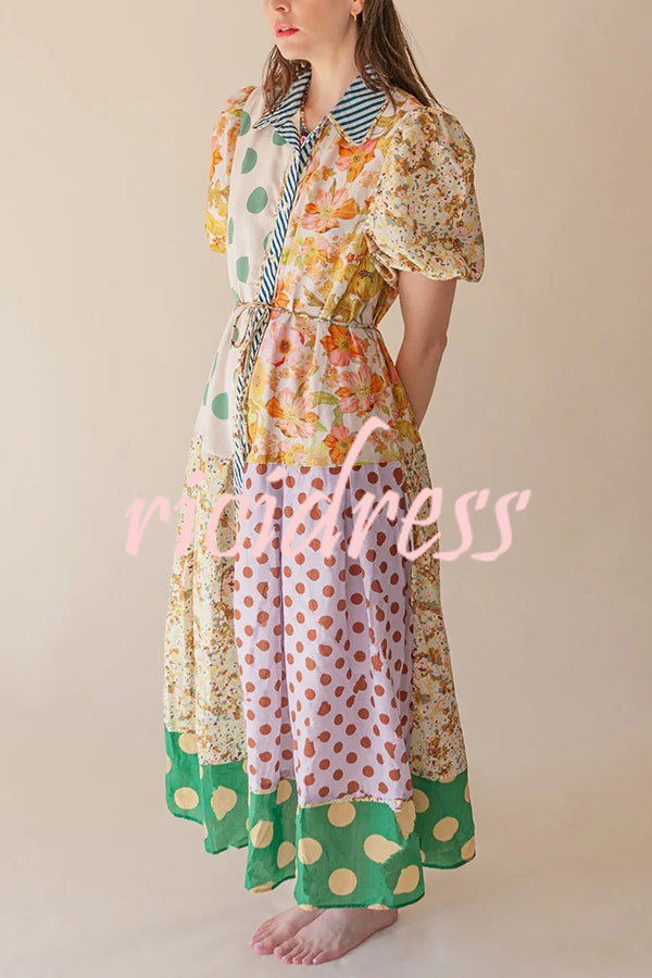 Linen Blend Unique Print Lapel Puff Sleeve Casual Midi Dress