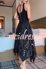 Atlas Asymmetric Ribbed-knit and Guipure Lace Back Zipper Midi Dress