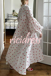 Cute Heart Print Puff Sleeve Loose Shirt Style Maxi Dress