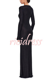 Adoria Oyster Metal Decor Deep V-neck Long Sleeve Stretch Maxi Dress