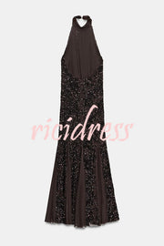 Twilight Gleam Sequin Textured Tulle Hem Halter Backless Maxi Dress