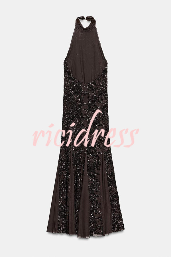 Twilight Gleam Sequin Textured Tulle Hem Halter Backless Maxi Dress