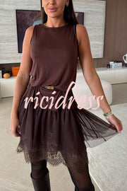Upper East Chic Tulle Lace Tiered Hem Stretch Tank Midi Dress