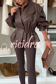 Play It Cool Faux Leather Single Button Elastic Waist Lapel Moto Jacket