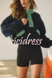 Fashion Contrast Color Stitching Stand Collar Long Sleeve Top and Elastic Waist Loose Pocket Shorts Set