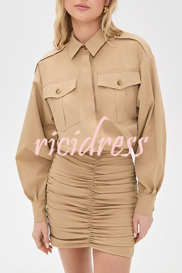 Soraya Epaulette Button Design Long Sleeve Ruched Hem Shirt Mini Dress