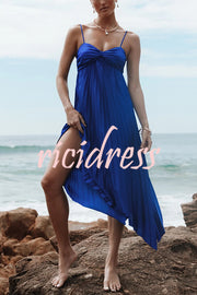 Solid Color Sexy Suspender Pleated Irregular Midi Dress