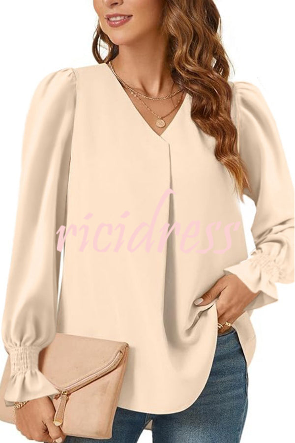 Solid Color V-neck Elastic Cuffs Long-sleeved Loose Top