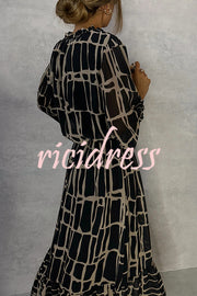 Unique Printed V-neck Tie-up Waist Long-sleeve Maxi Dress