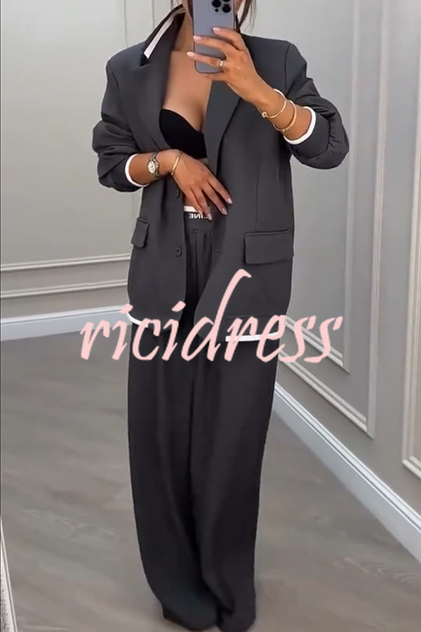 Fashion Sports Style Ribbed Colorblock Lapel Blazer and Elastic Waist Pocket Loose Pants Set
