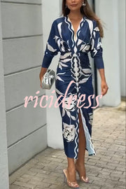 Caliana Unique Print Dolman Long Sleeve Ruched Slit Midi Dress