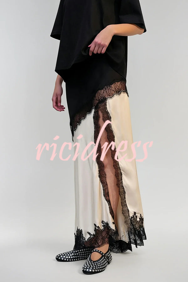 Party Focus Contrast Color Satin Lace Trim Elastic Waist Front Slit Maxi Skirt