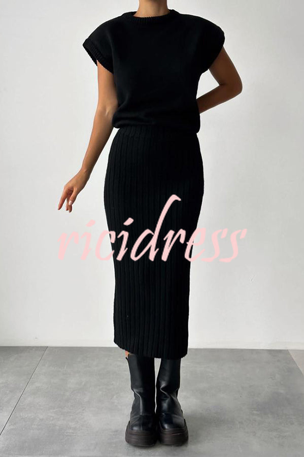 Triko Knit Short Sleeve Sweater and Stretch Ribbed Midi Skirt Set